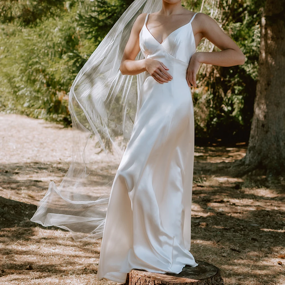 Vestido De Novia sin mangas con tirantes finos, vestido De Novia Formal, cuello en V, tren De cepillo