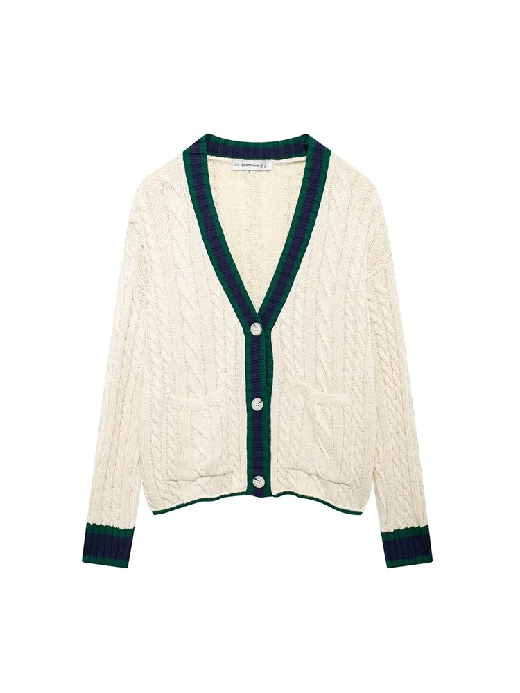 

Vintage Women Color-Blocked Sweater 2024 New Fall Winter Ladies V-Neck Knitwear