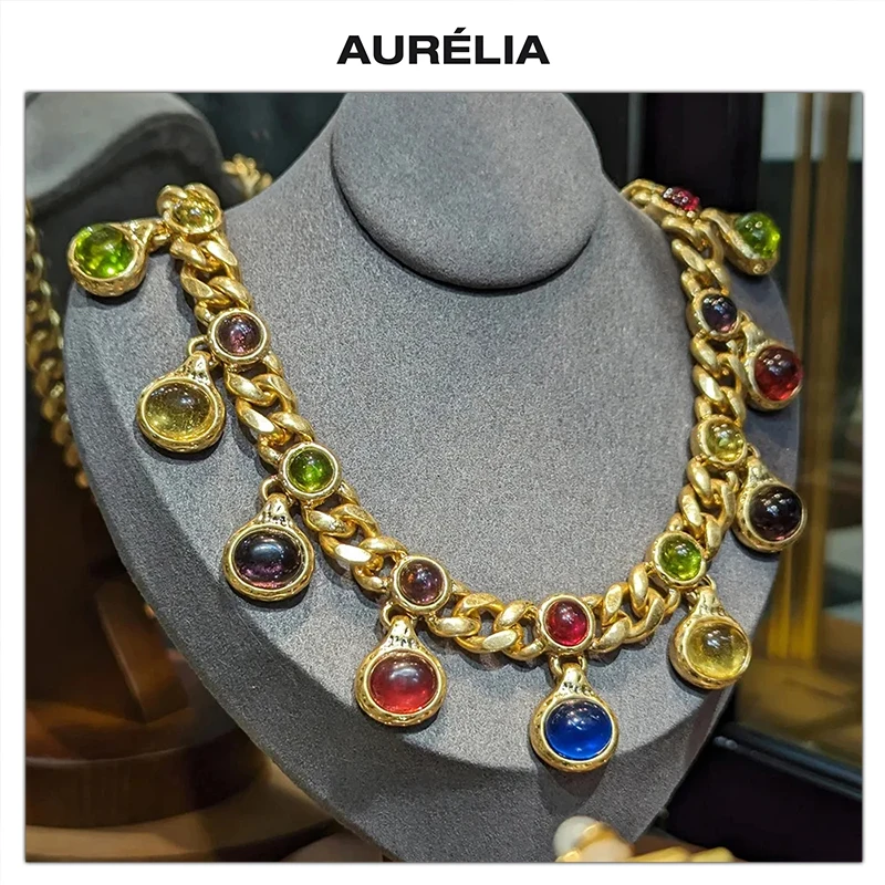 

Винтажное роскошное латунное позолоченное ожерелье из цветного стекла для женщин, высокое качество, Европа, Америка, ювелирные тенденции