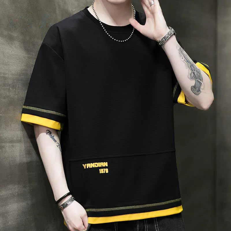 Fashion O-Neck Spliced Printed Fake Two Pieces T-Shirts Men\'s Clothing 2024 Summer New Loose All-match Tops Casual Tee Shirt