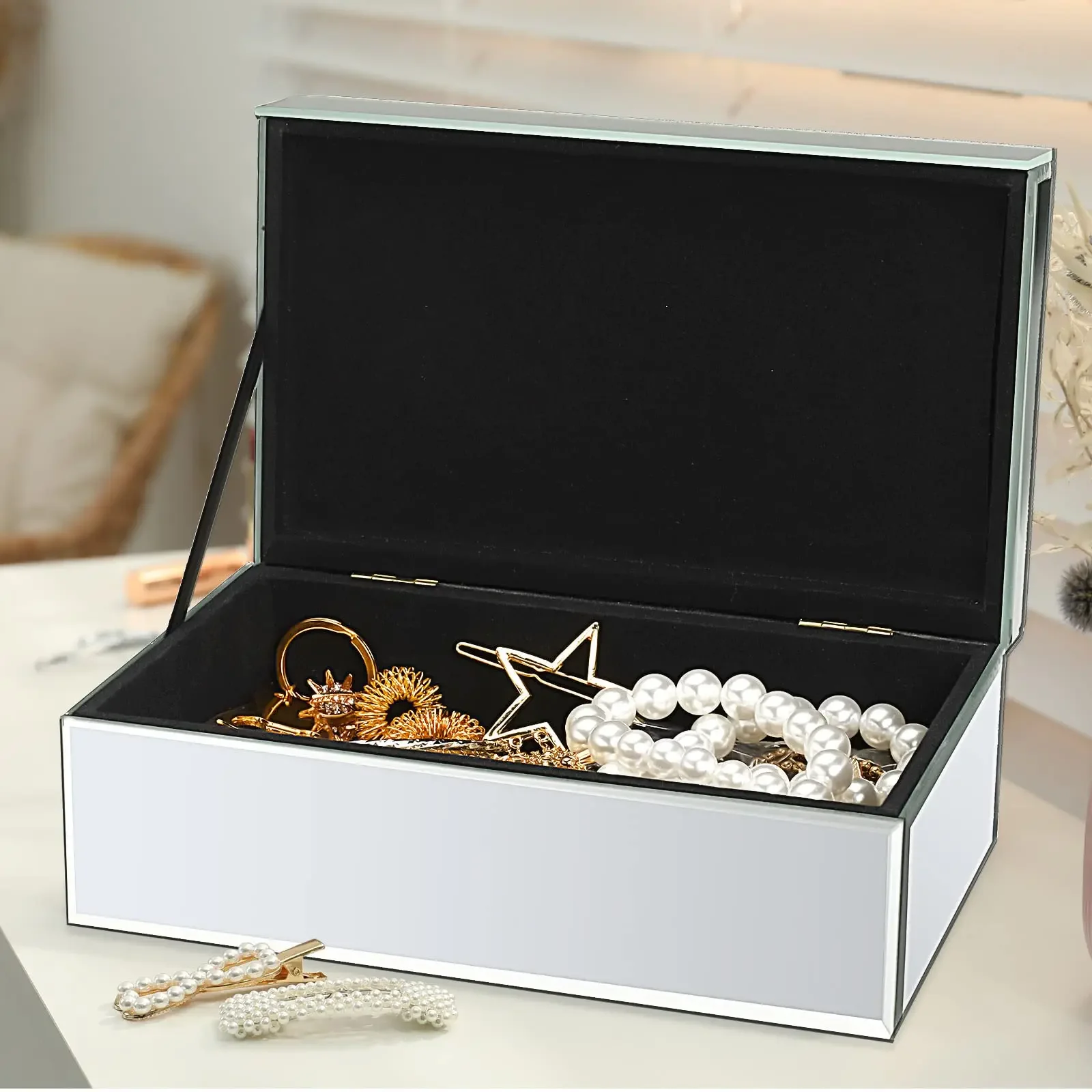 Luxury Crystal Glass Mirrored Jewelry Box Trinkets Watch Case Storage Box Jewelry Display Containers Ring Earring Organizer Box