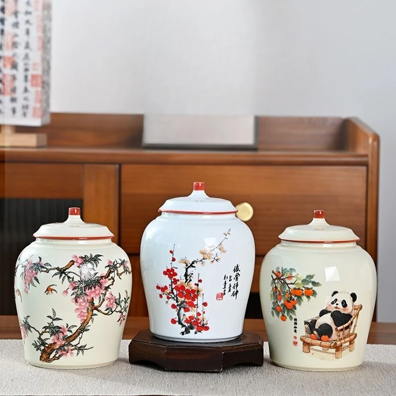 Creative Painted Plum Blossom Ceramic Storage Jar Coffee Beans Tea Household Moisture-Proof Sealed Container Nuts Candies Craft