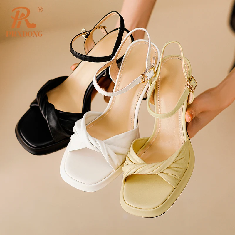 PRXDONG New Brand Genuine Leather High Heels Summer Shoes Woman Sandals Ankle Strap Black Beige Dress Party Wedding Lady Pumps