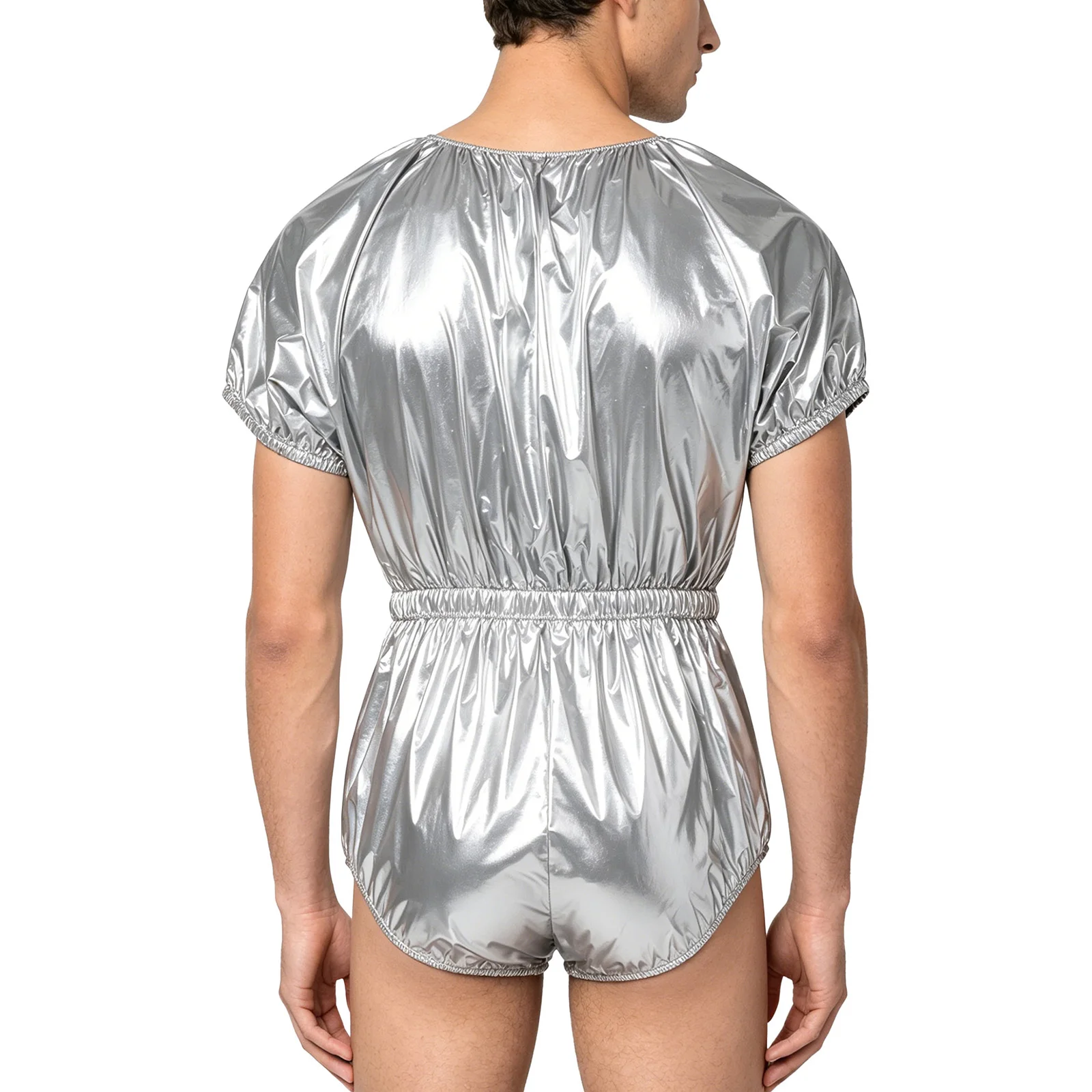 Men Waterproof Diaper Cover Jumpsuit with Button Crotch Short Sleeve Swimwear Elastic Waist Leakproof Bodysuit Adaptive Clothing