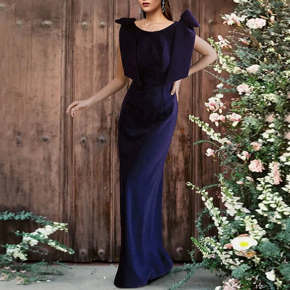 Vestido de noche Formal Simple azul marino para madre de la novia, con cuello redondo, Espalda descubierta, con lazo de sirena, para invitados de