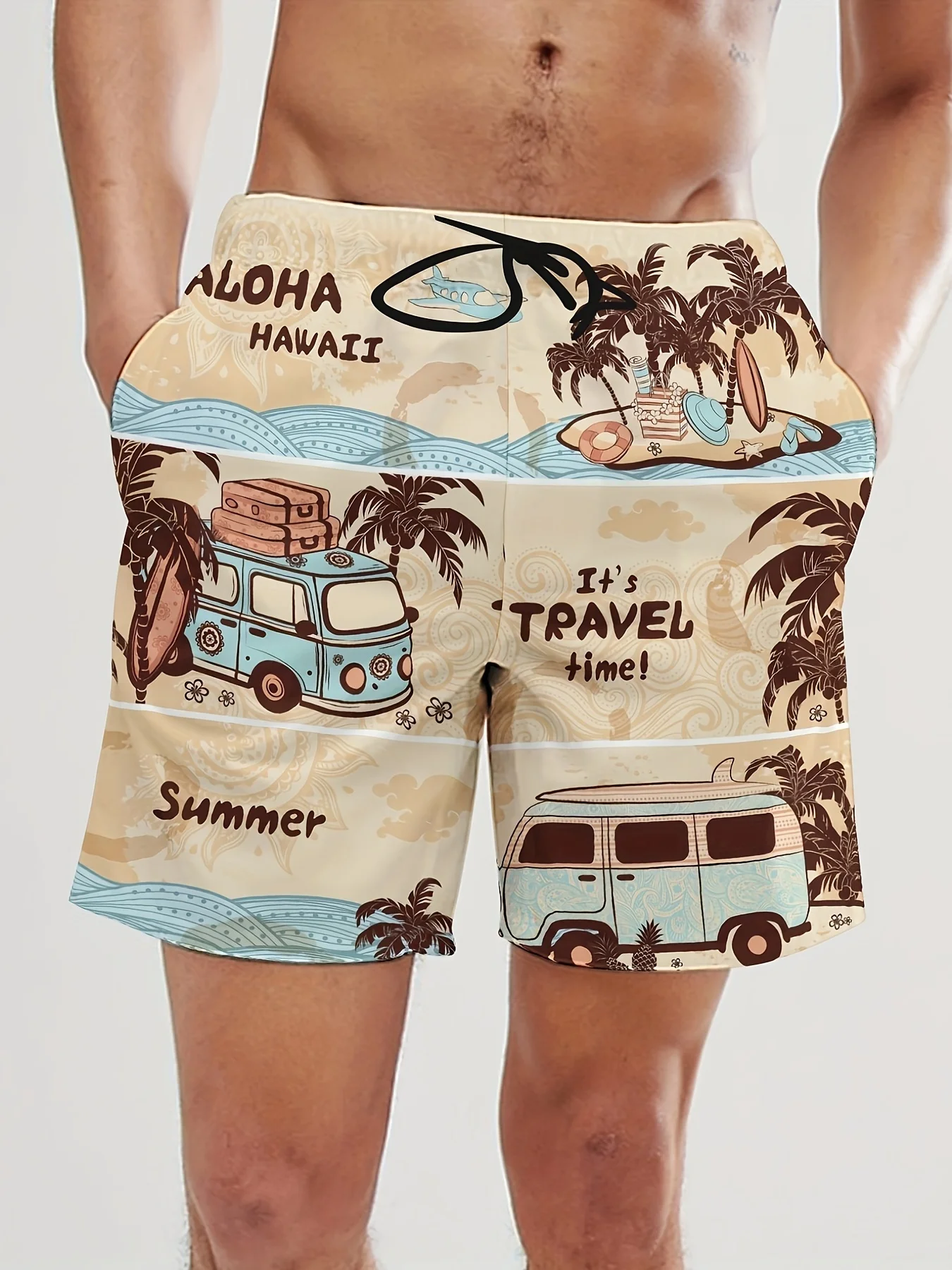 

Men's Yellow Black Abstract Line Print Beach Shorts Drawstring Waist Quick Dry Casual Swim Trunks