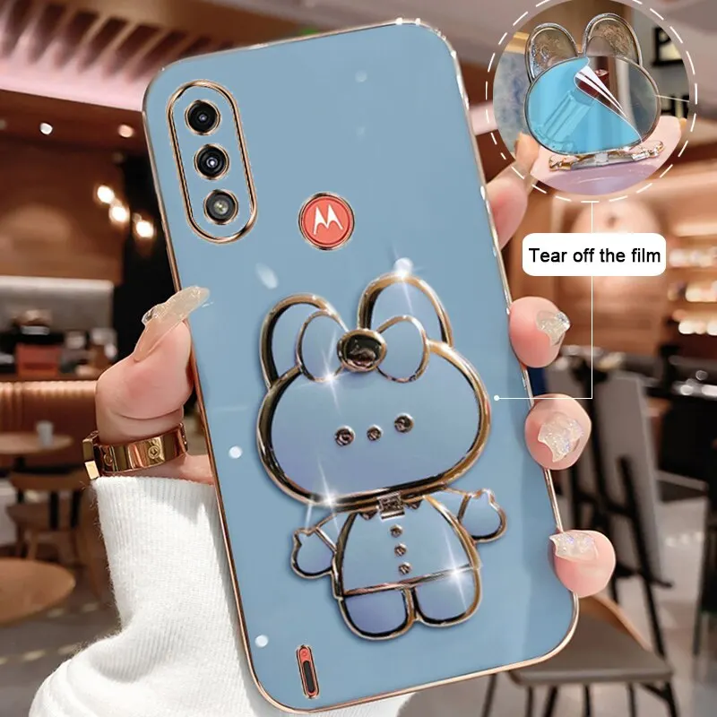 Makeup Mirror Phone Case For Motorola Moto E7 Power Motorola E7 Power Plating Cartoon Rabbit Folding Bracket Phone Case Cover