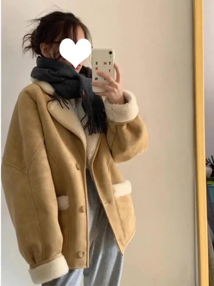 Winter Fashion Brown Patchwork Faux Fur Velvet Cotton Jacket Women Long Sleeve Single-sided Warm Lapel Coat Female Casual Trend