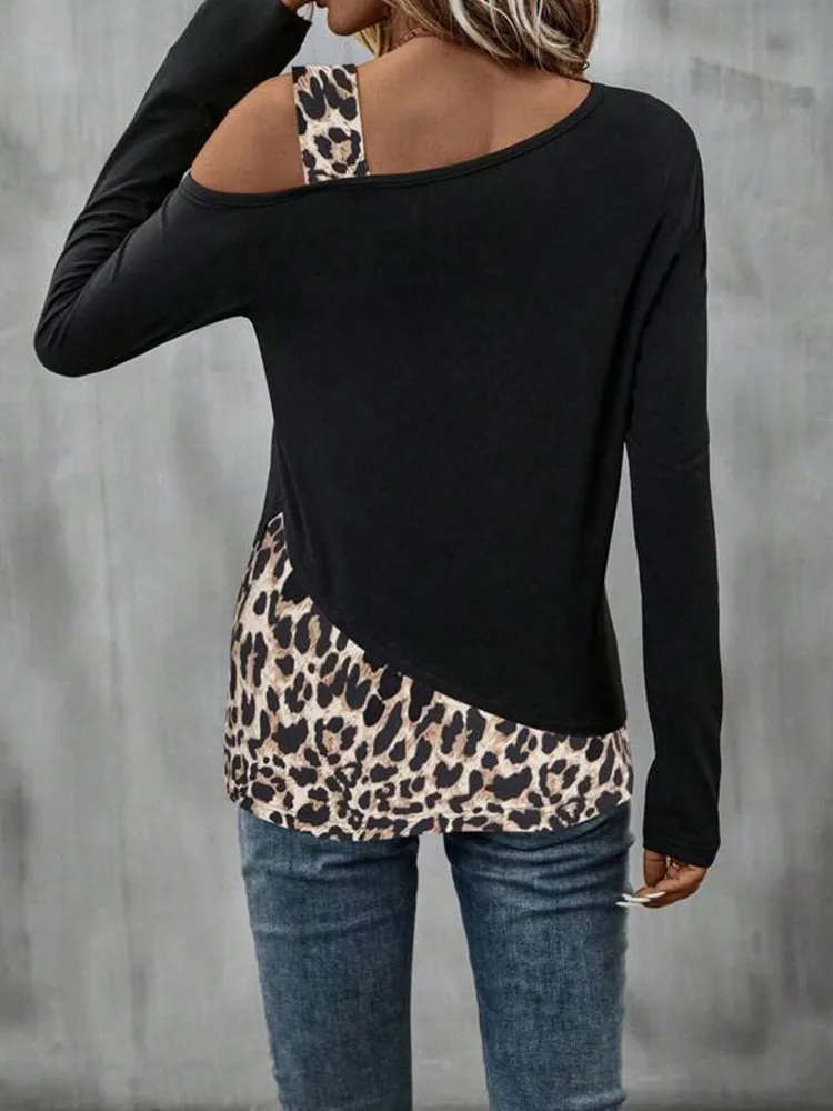 Fashion Casual Women\'s Wool Leopard Asymmetrical Single Shoulder Shoulder Stitching Conventional Long Sleeve Top T-shirt