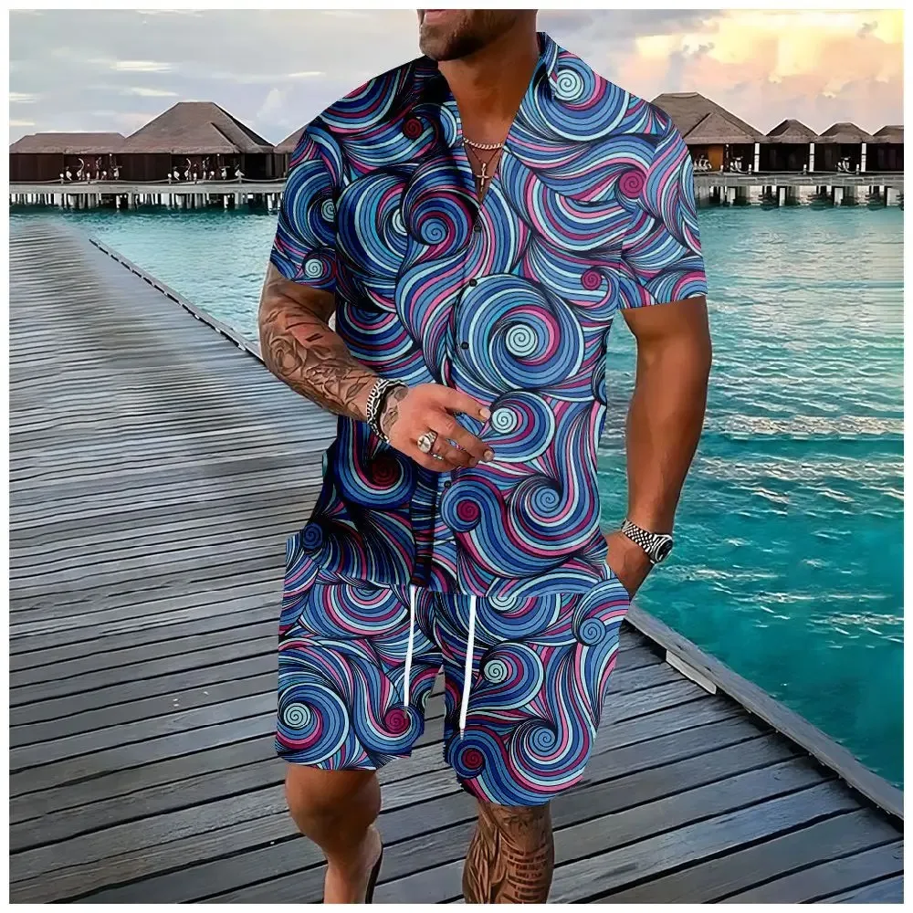 Hawaiian Sets Swirl Pattern Button Shirts Shorts Summer Mix Colors Fashion Beach Hipster Streetwear Tracksuits Mens Clothing