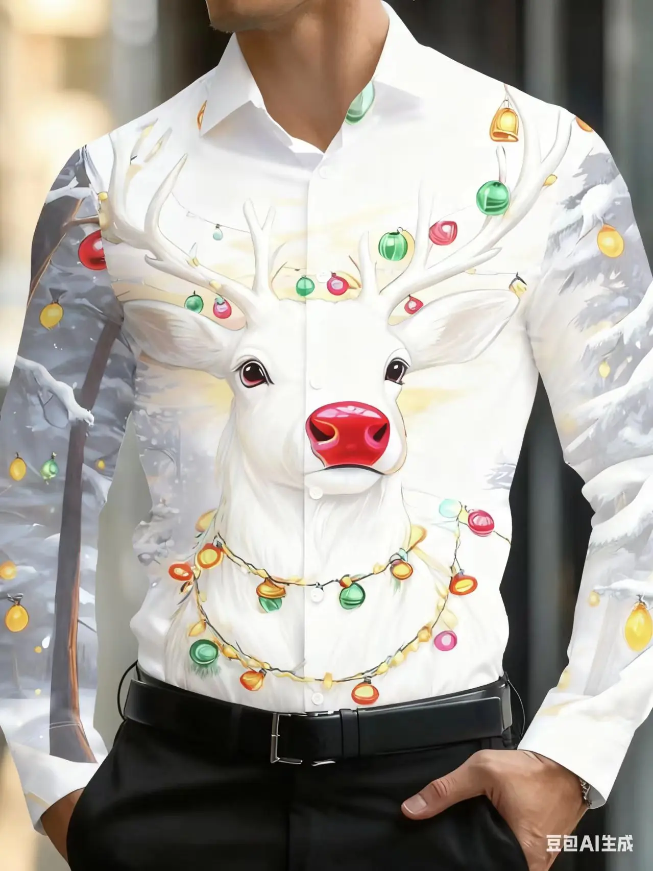 

Men's shirt Christmas deer 3D printed theme design pattern men's lapel button fashion party holiday casual long sleeved shirt