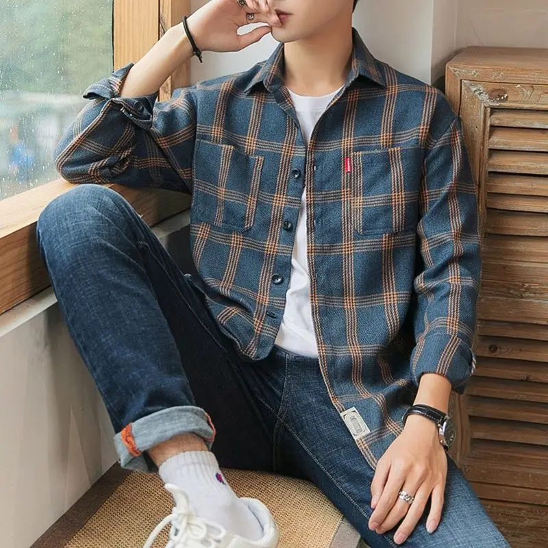 Long Sleeve Men\'s Shirt and Blouse Cargo Clothes with Pocket Plaid Male Top Luxury Button Aesthetic Sleeves Fashion 2024 Vintage