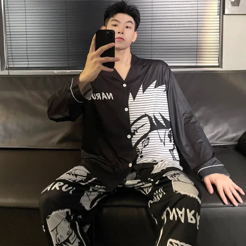 Naruto Long Sleeved Pijama for Men Autumn Home Clothes Cotton Pajamas Set Anime ONE PIECE Nightwear Cardigan Party Pyjama Gift