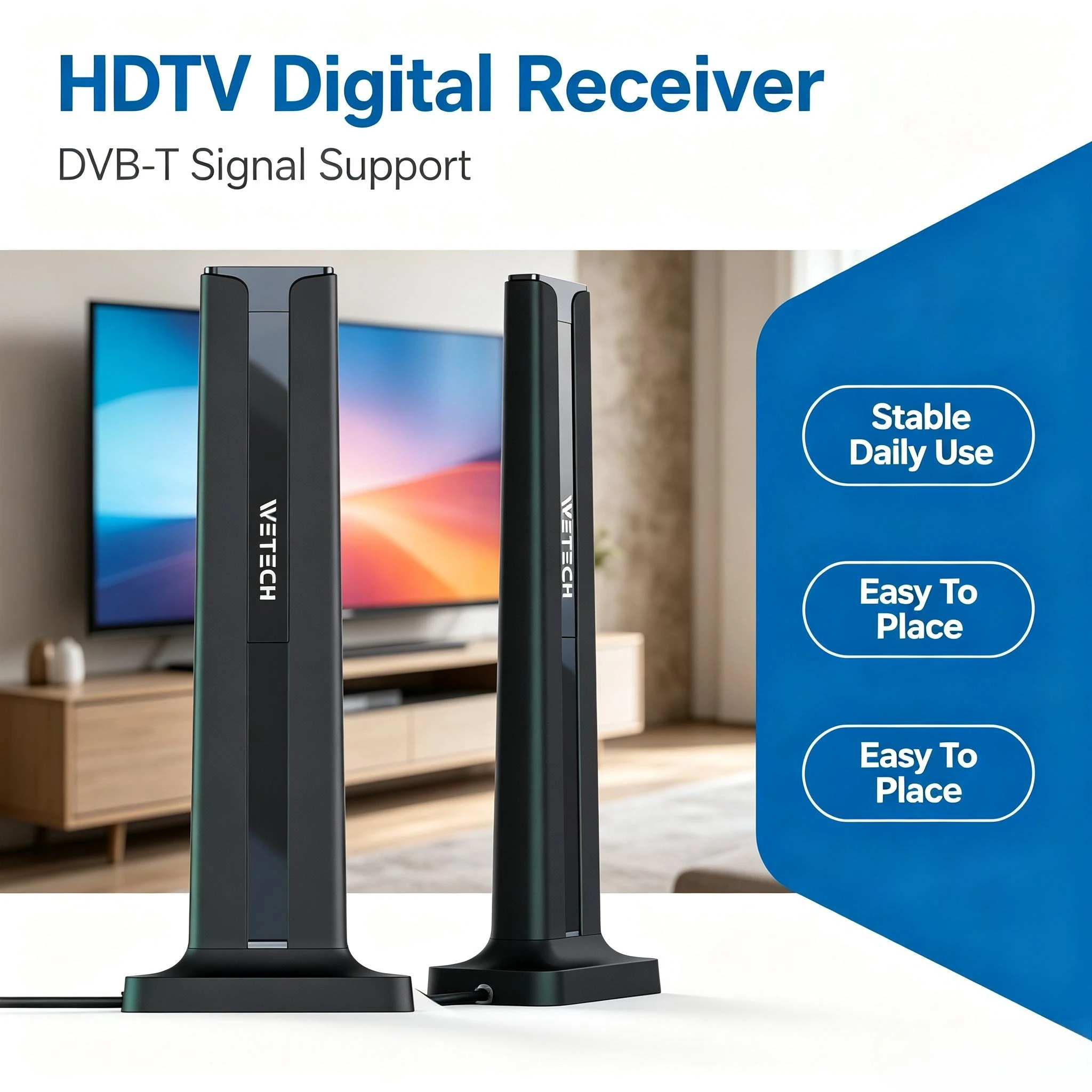 Antenna digitale per TV HDTV da interno, modello DVB-T, con base magnetica, guadagno di 25 dB, per la ricezione di segnali VHF e UHF e l’accesso gratuito ai canali televisivi locali.