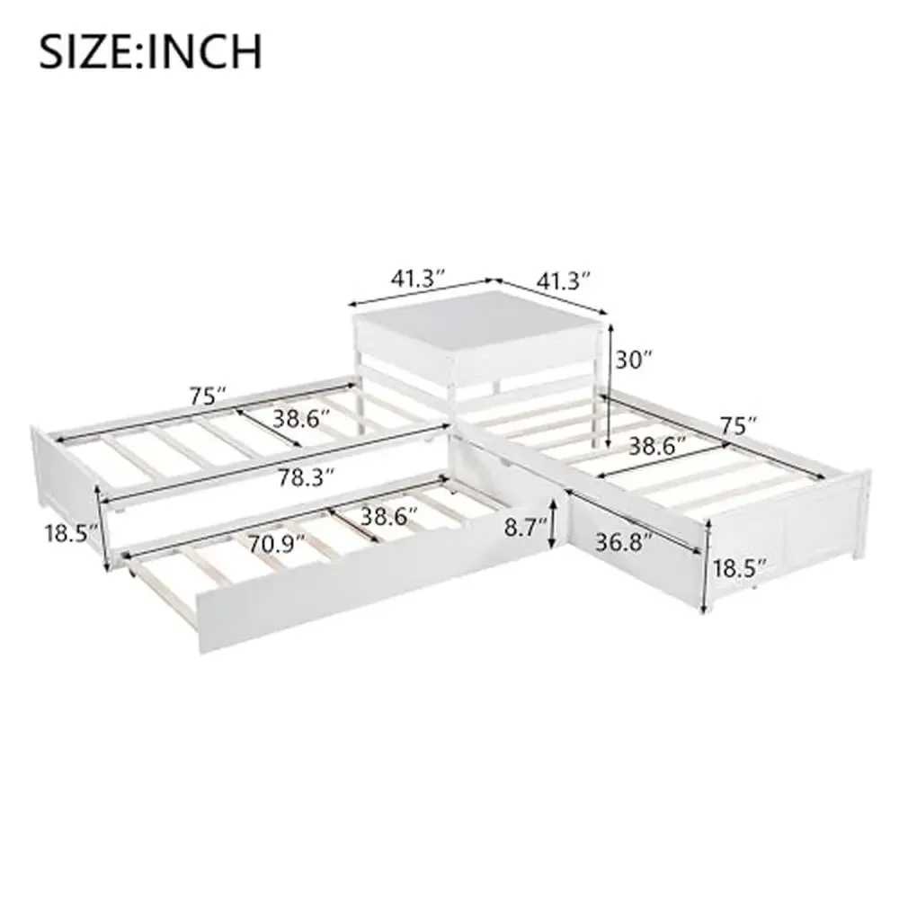 Twin Size L-Shaped Daybed with Trundle Built-in Desk and Drawers Sturdy Pine Wood Construction Convertible Design Ideal Limited