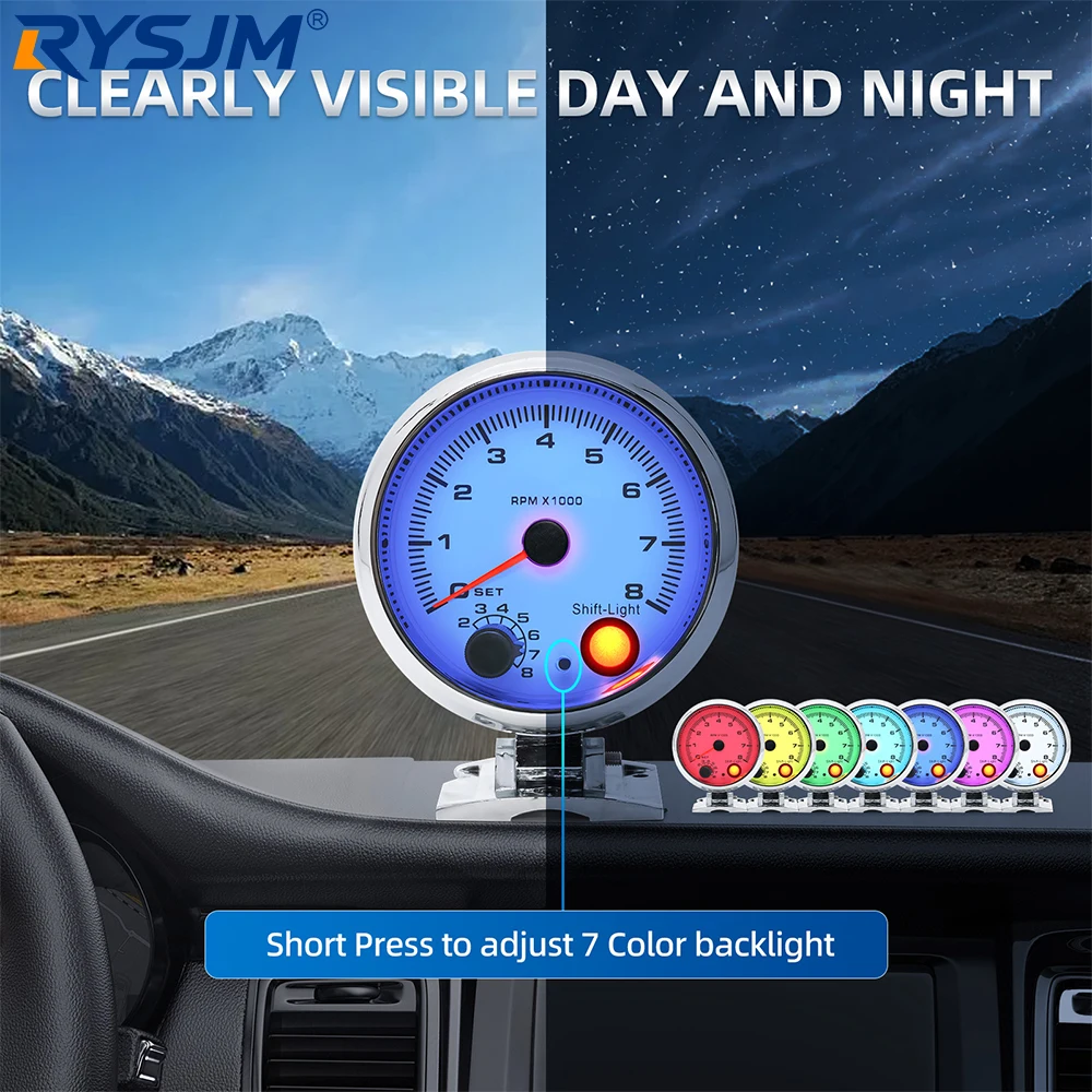 95mm 3.75 Inch 12V Car Tachometer Gauge 7 Color Backlight Shift Light 0‑8000RPM Tacho Gauge Universal For 4/6/8 Cylinder Vehicle