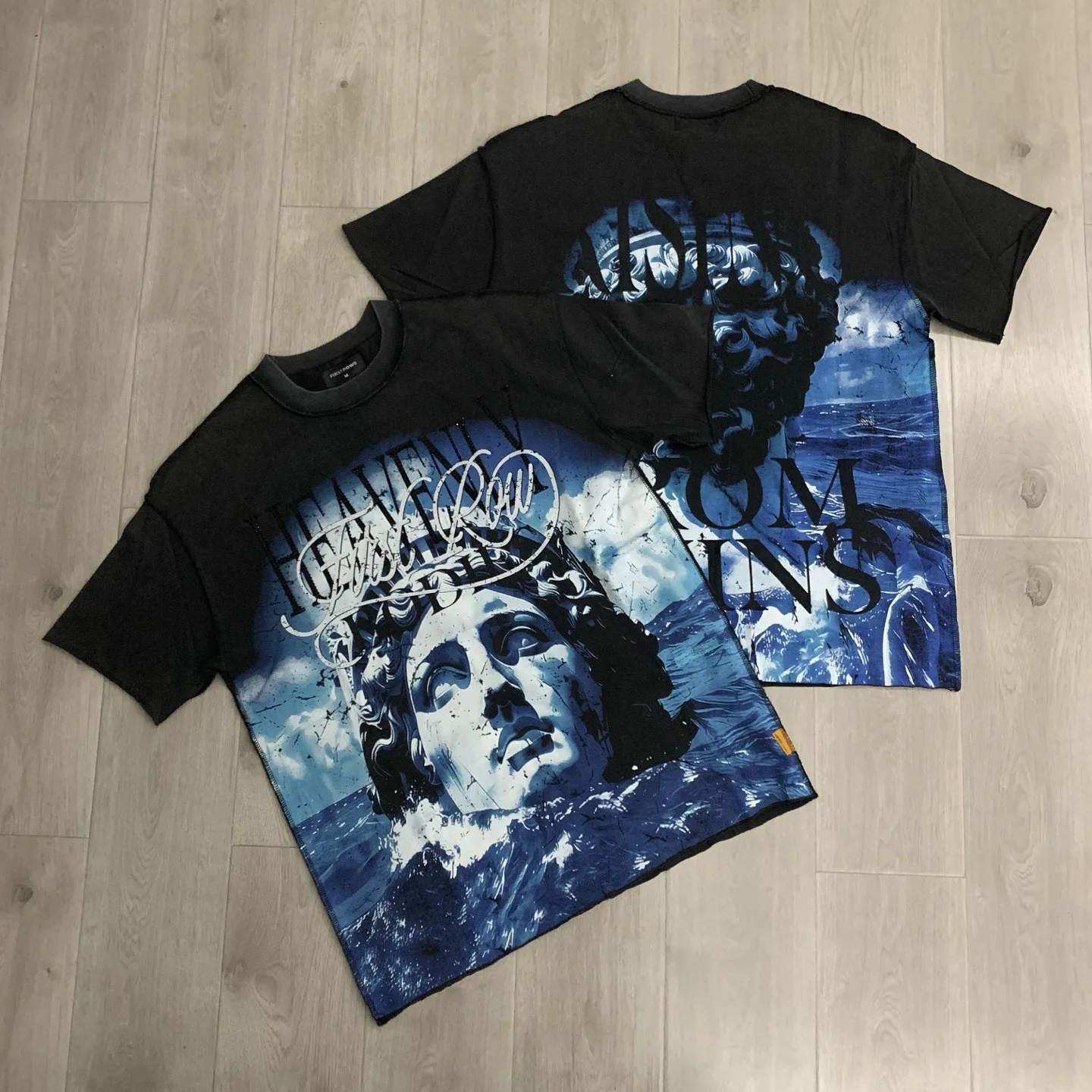 First Row Street Streetwear: Beaded Washed Vintage Style Fashion Trendy Men's and Women's Round-neck Loose Short-Sleeved T-Shirt