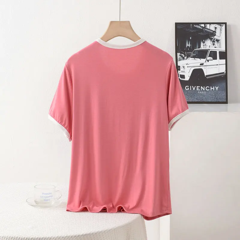 XL a 8XL Modal O-pescoço Camiseta de manga curta com acabamento branco Camisetas soltas com bloqueio de cor Camisetas leves e versáteis