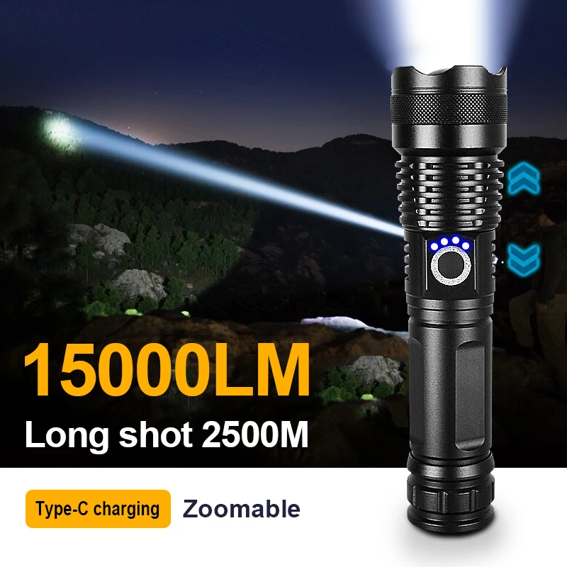 

High Power LED Flashlight Tactical Torch Emergency Spotlight Telescopic Zoom USB Rechargeable Camping Flashlight Fishing Light