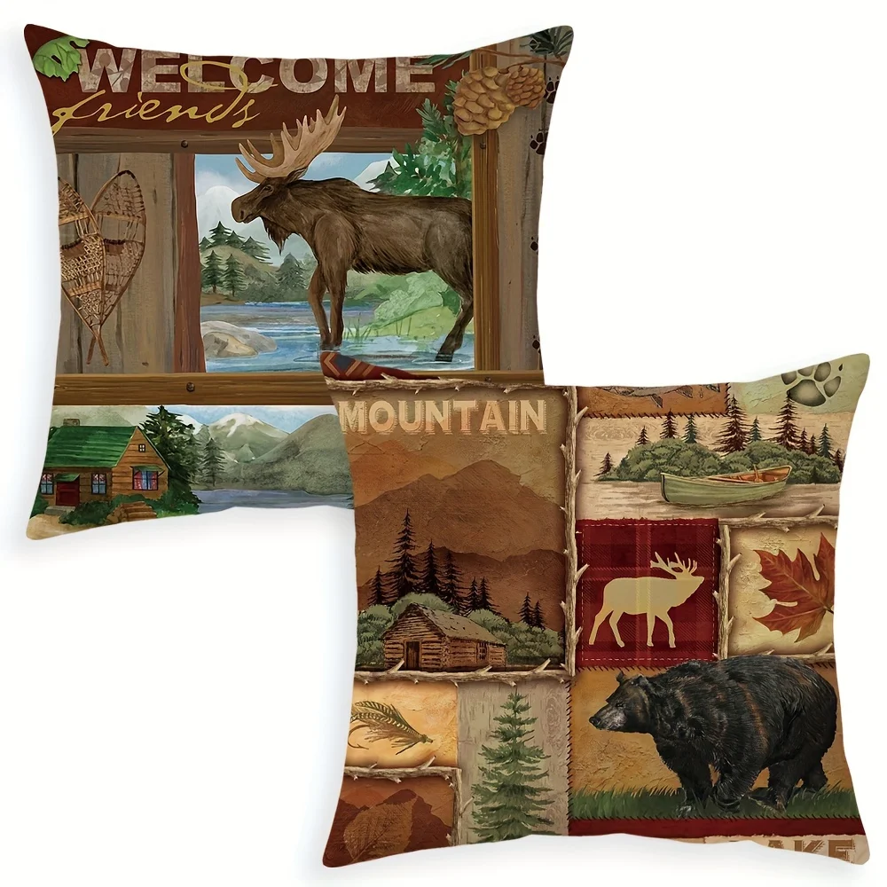 Burlap Single-sided Print Country Cabin Bear Moose Pillow Cover, Fashionable Home Decoration Cushion Cover