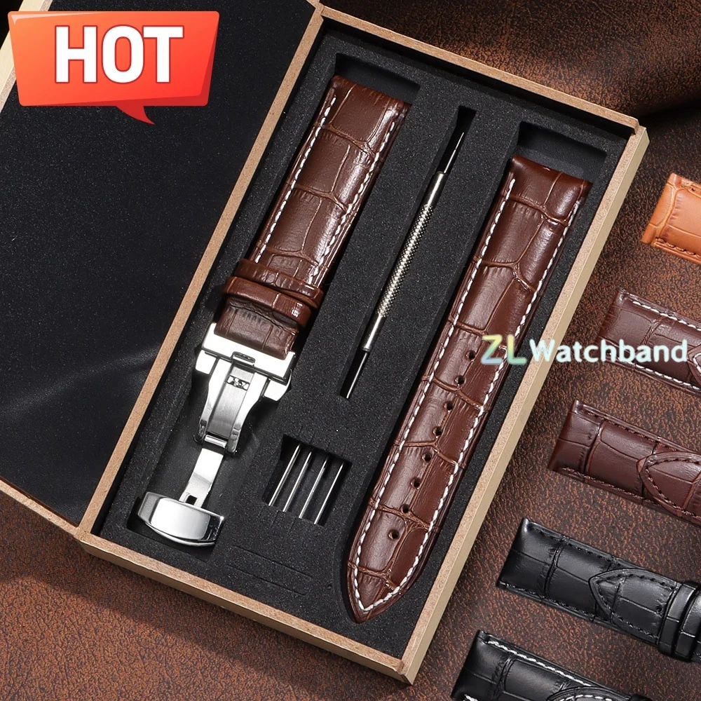 18mm 20mm 22mm Watch Band with Wooden Box Butterfly Clasp Watchband Replacement Genuine Leather Strap Bracelet Watch Accessories