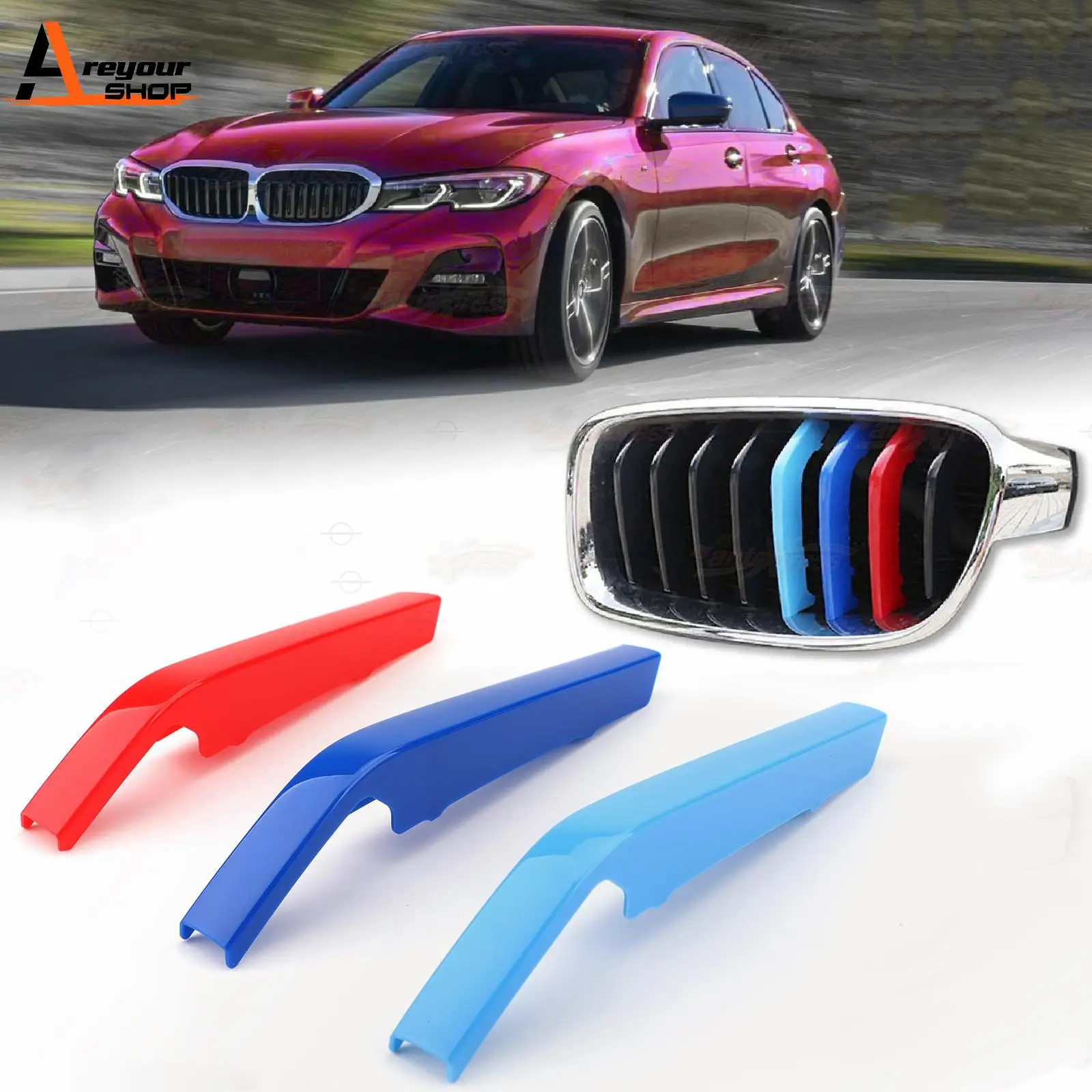 Areyourshop Kidney Grille M Sport 3Colour Cover Stripe Clips For BMW 3 Series G20 2019&up Car Grille Tricolor Cover Stripe Clips