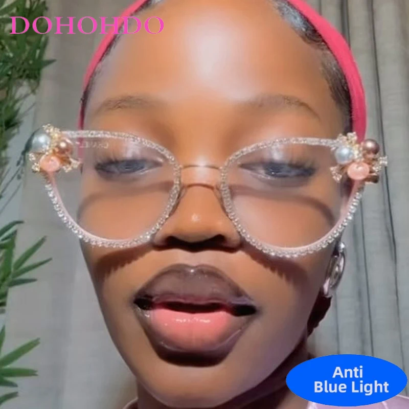 

Luxury Brand Designer Rhinestone Cat Eye Vintage Optical Glasses Women Metal Blue Light Blocking Glasses Fashion Trendy Glasses