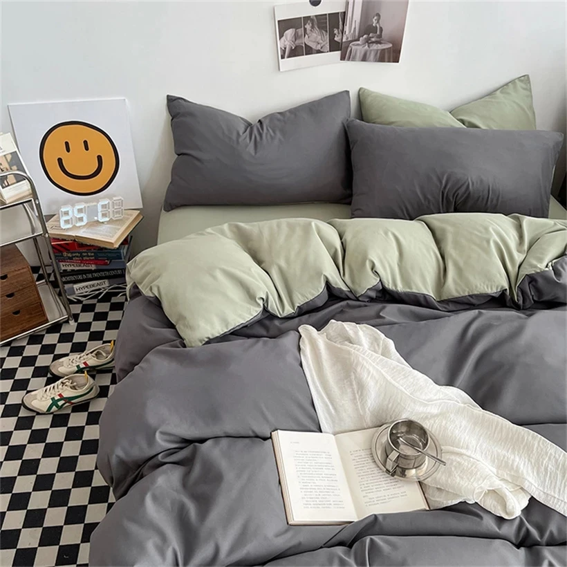 Ins Solid Color Simple Boys And Girls Bedroom Washed Cotton Duvet Cover Pillowcase Bed Cover Simple Fashion Sheet Set