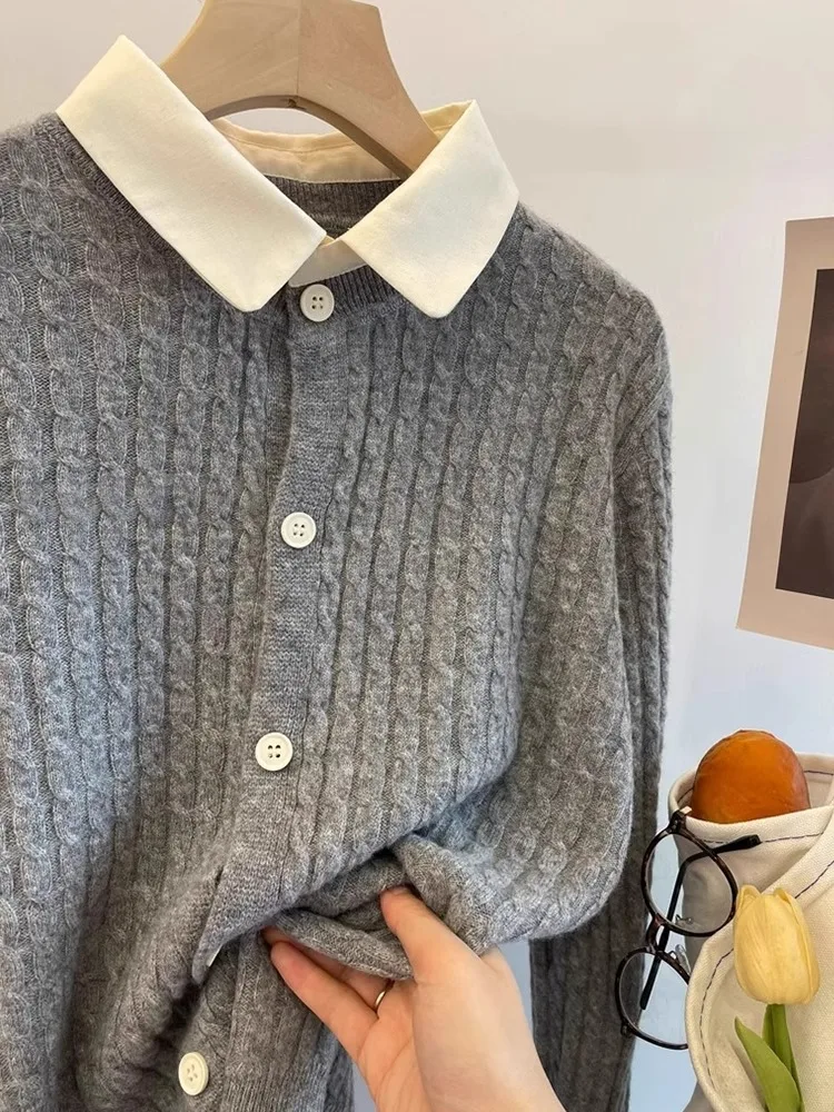 

Faionable Knitted Sweater Cardigan Casual irt Collar Splice Twist Woolen Top Slimming Autumn New Sle Ele Casual Mat...