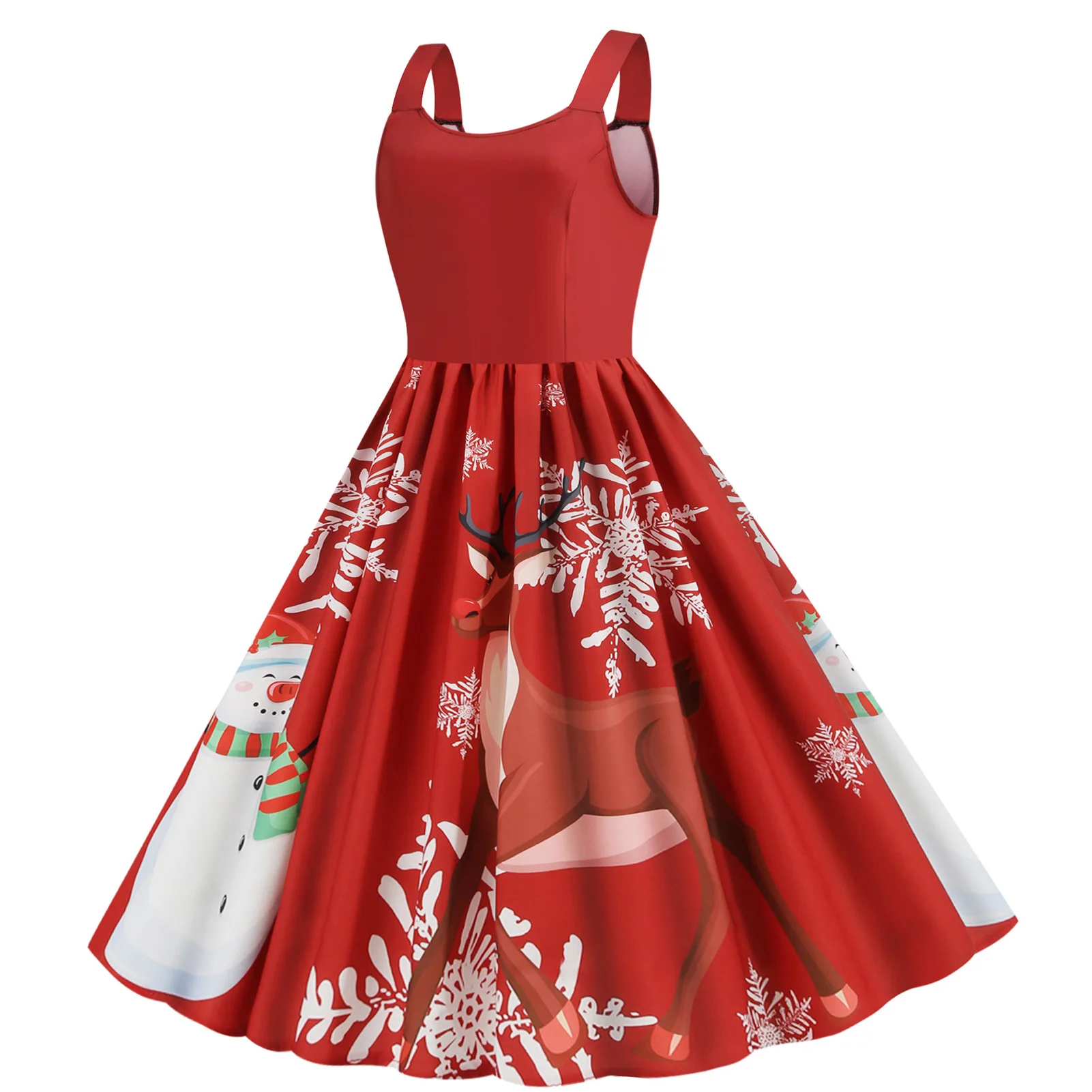 Santa Print Cocktail Party Dresses Vintage Hepburn Style Vintage Swing Skirt for Home Office Evening Party