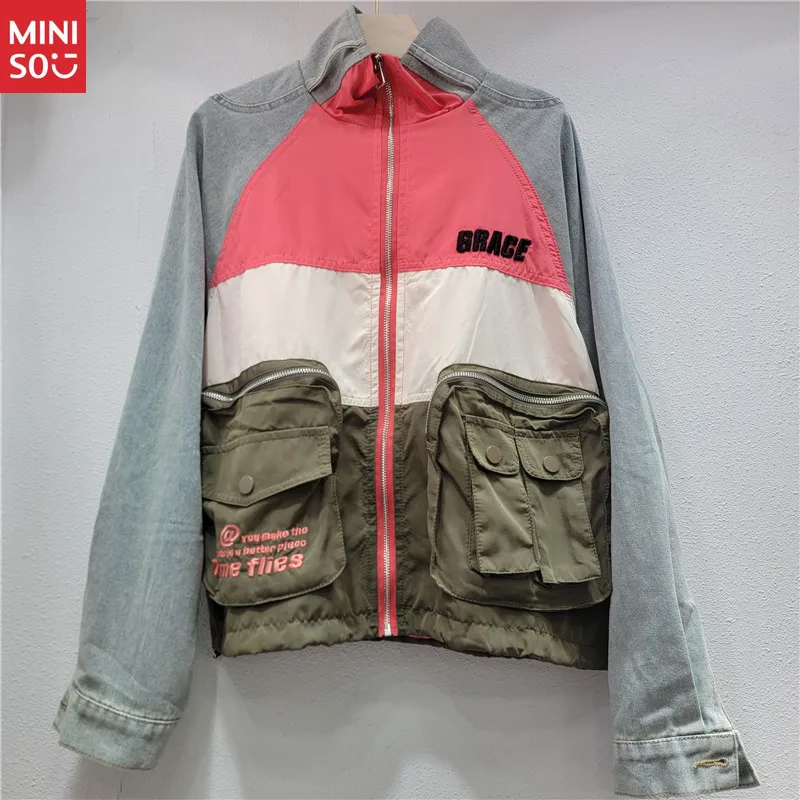 

Miniso Women's Patchwork Denim Jacket, American Streetwear Short Loose Fit Top