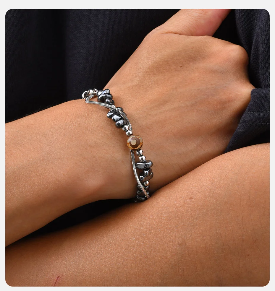 Vnox Herren-Doppelschicht-Armband, Edelstahl-Hämatit-Perlenkette, Verstellbarer Armschmuck, Geschenk für Ihn, Alltagsschmuck – Detail 2