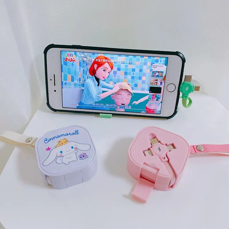 Kawaii Kuromi Hello Kitty My Melody Three-In-One Retractable Data Cable Anime Sanrio Girly Heart Cute Mobile Phone Holder