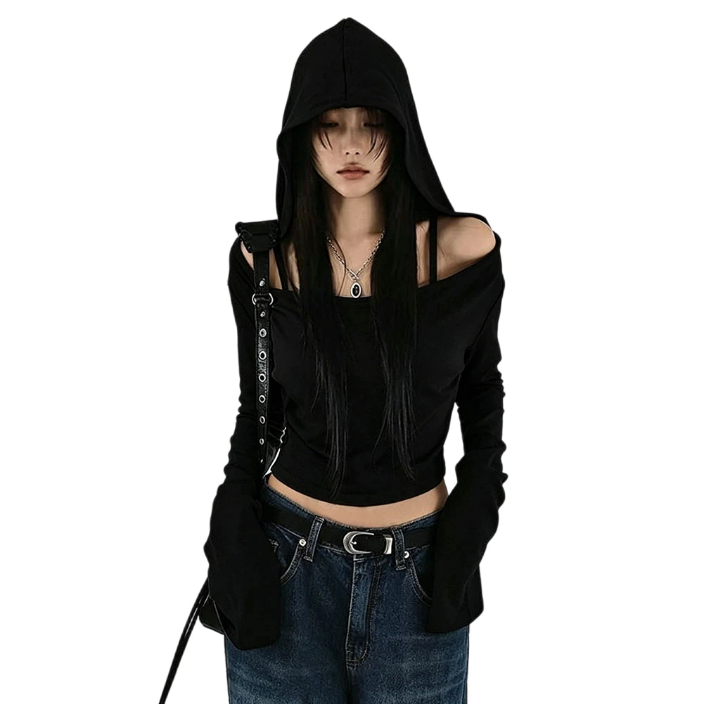 Casual Hooded Shirt Off Shoulder Hoodie Long Sleeve Style Female Apparel Item Fashionable Long Sleeve Shirt Hooded