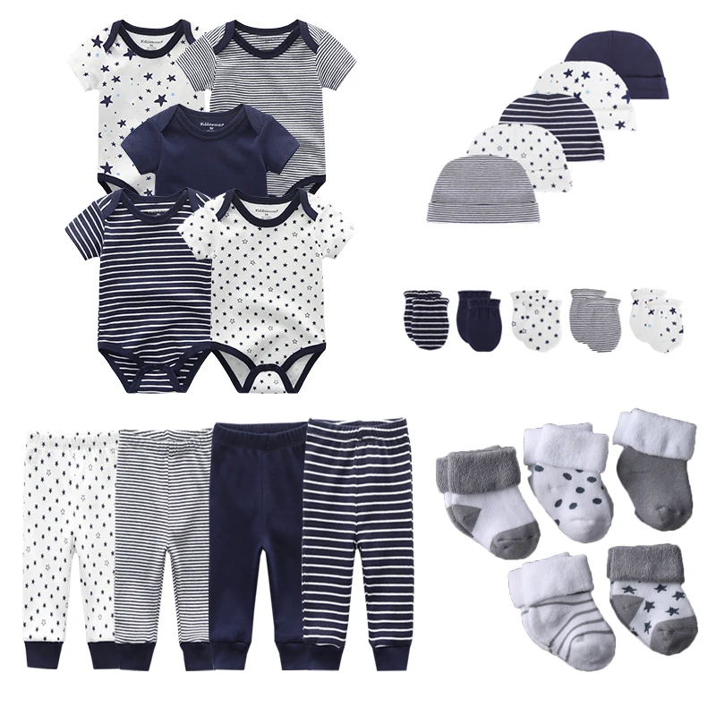 24-teiliges Set für Neugeborene, Strampler + Hosen + Fäustlinge + Hüte + Socken, 100 % Baumwolle, bedruckt, Unisex-Kleidungssets für Babys, Mädchen