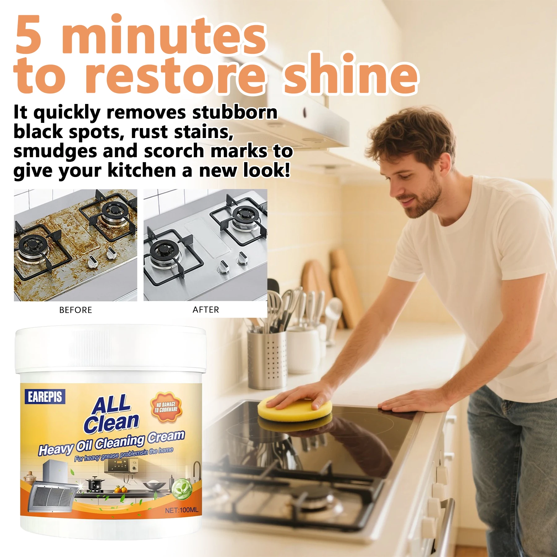 

Kitchen Stainless Steel Cleaning Paste - 5 Minute Quick Black Spots, Rust Stains, Stains and Scorch Marks. Suitable for motor