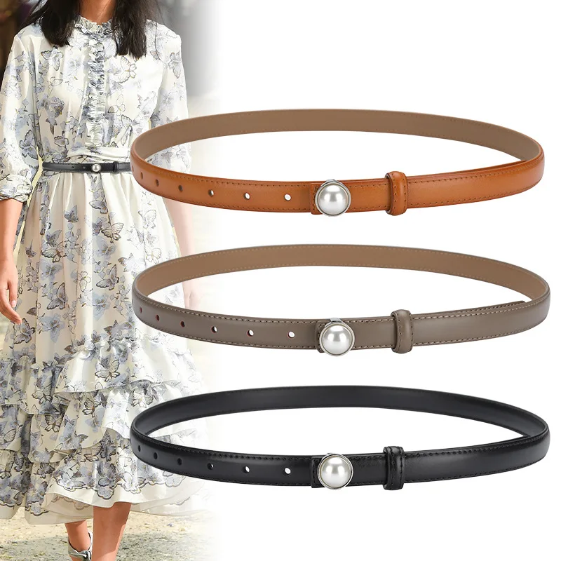 

White Pearl Buckle Waist Belt Women Elegant Real Cow Leather Slim Belt Blouse Trousers Dress Waistbands Cowskin Belts Cinturones