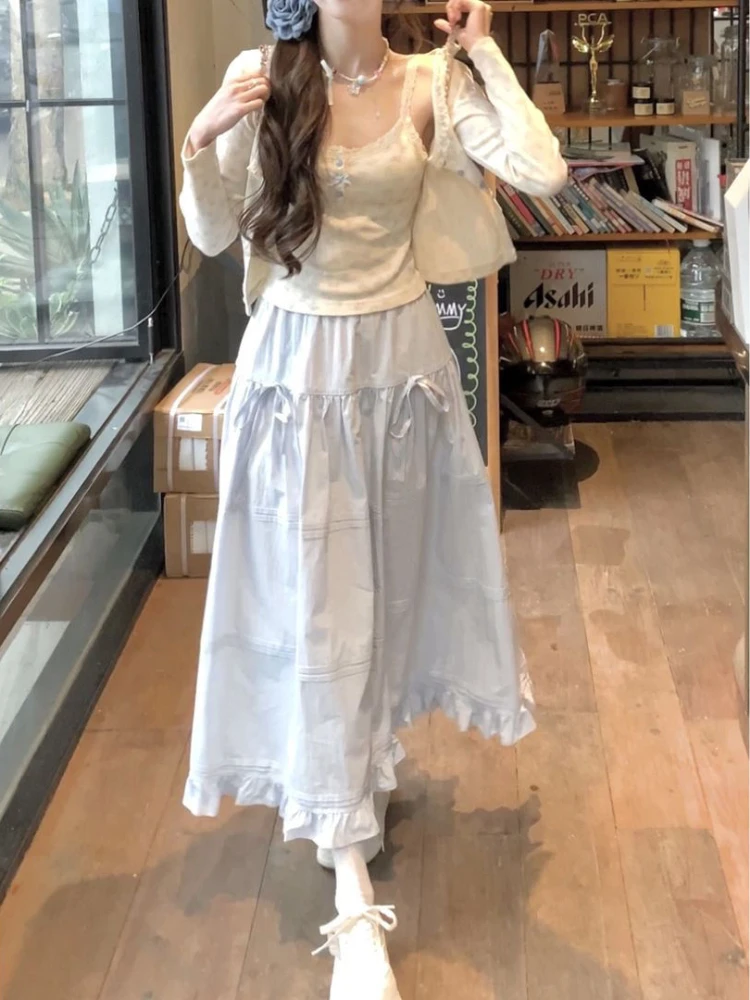 Japanese Kawaii 3 Piece Skirt Sets Women Lolita Cute Crop Top Blouse + Midi Skirts Korean Fashion Suits Chic 2000s Vintage Chic