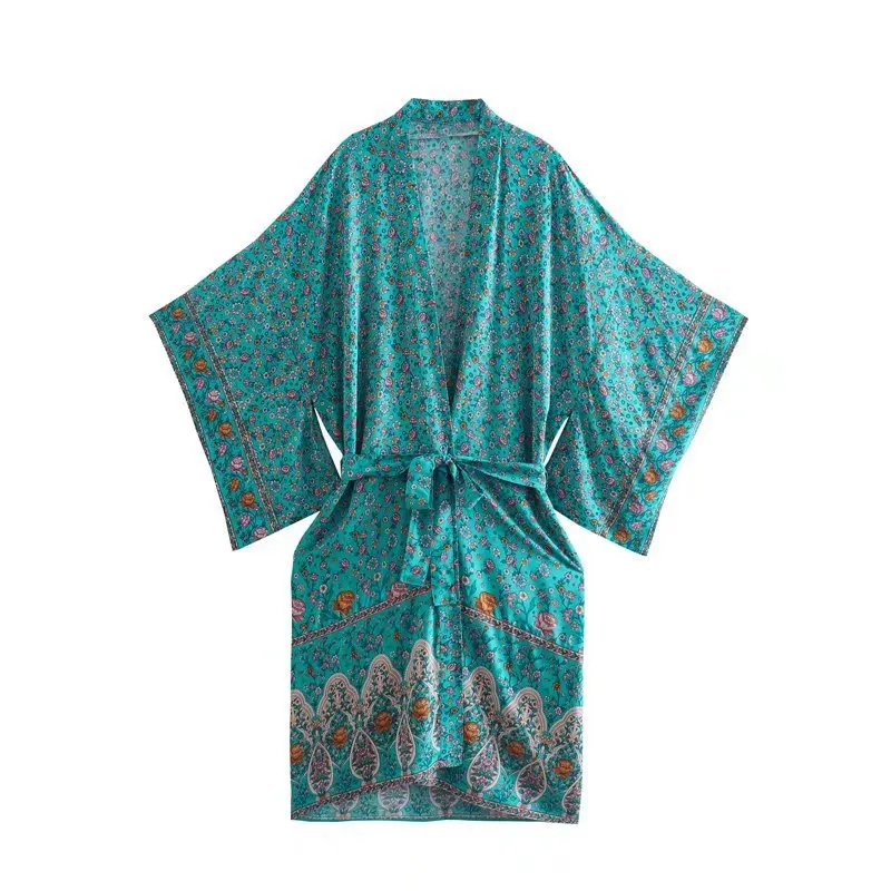 

TEELYNN Bohemia Loose Kimono Summer Dress Beach Wear Floral Print Bikini Cover Up Casual Sashes V-Neck Female Kaftan Blusas