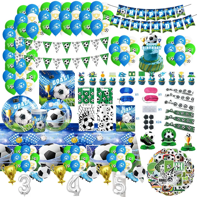 Décorations de football bleues, ballons, assiettes, gobelets, serviettes, nappe, autocollants de football, sac cadeau, fournitures de fête