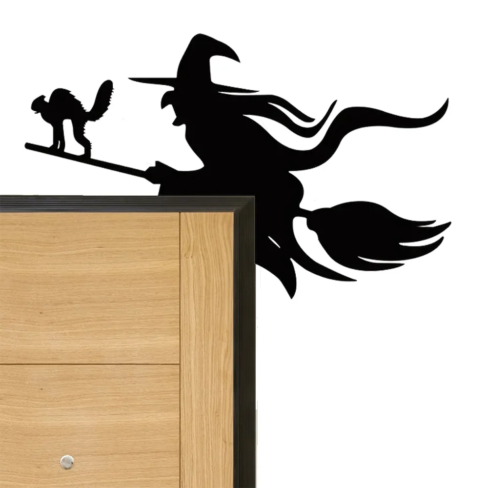 1pc Captivating Witch on a Broom Wall Sticker: Fascinating Metal Art for Door Corners & Frames. Intriguing Halloween Wall Decor