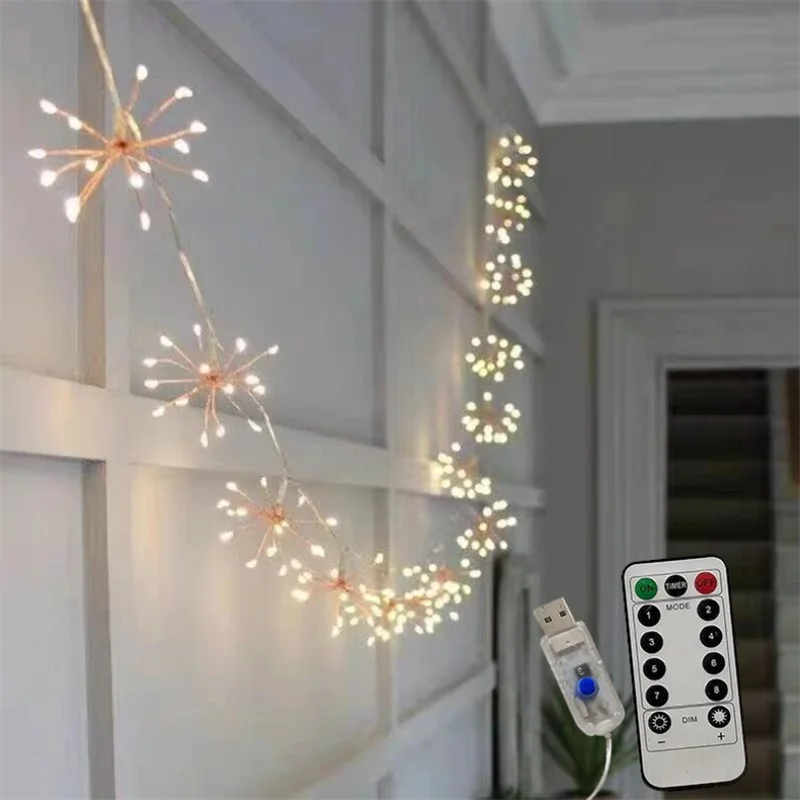 Led luzes de fogo de artifício luz de fadas fio cobre luzes da corda usb bateria operado iluminação da corda casamento decoração natal