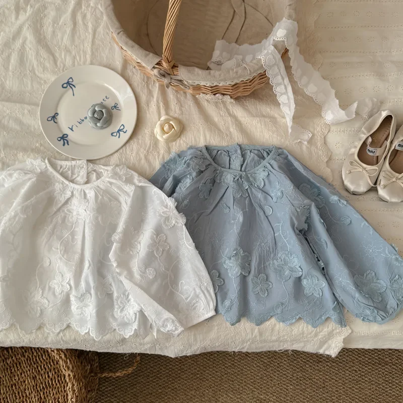 

2025 Spring and Autumn Korea New Children's Clothing Girls Three-dimensional Flower Long Sleeve Shirt Children Lace Flower Shirt