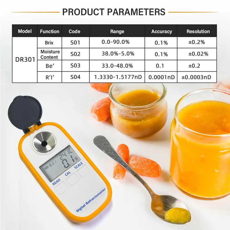 Portable Digital Honey Refractometer 4-in-1 Brix/Water/Be\'/Refractive Tester Measurement Instrument DR301