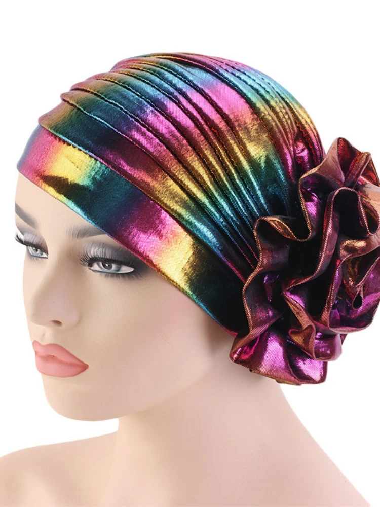 Nowe muzułmańskie duże kwiatowe chusta hidżab islamskie kobiety kapelusze laserowe kwiatowe Headwrap moda etniczna nakrycia głowy Turban panie