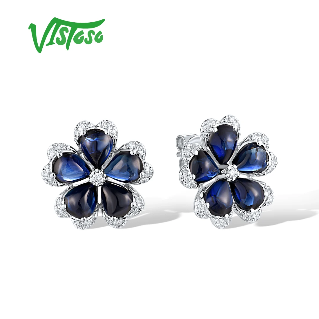 VISTOSO Real 14K 585 White Gold Earrings For Women Sparkling Diamonds Blue Sapphire Exquisite Party Elegant Gifts Fine Jewelry