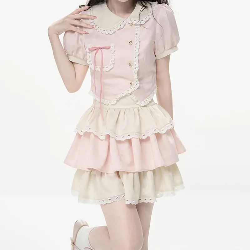 

Y2k Sweet Peter Pan Collar Puff Sleeve Top Women+ High Waist Lace Patchwork Cake Skirts 2025 Summer New Two Piece Sets