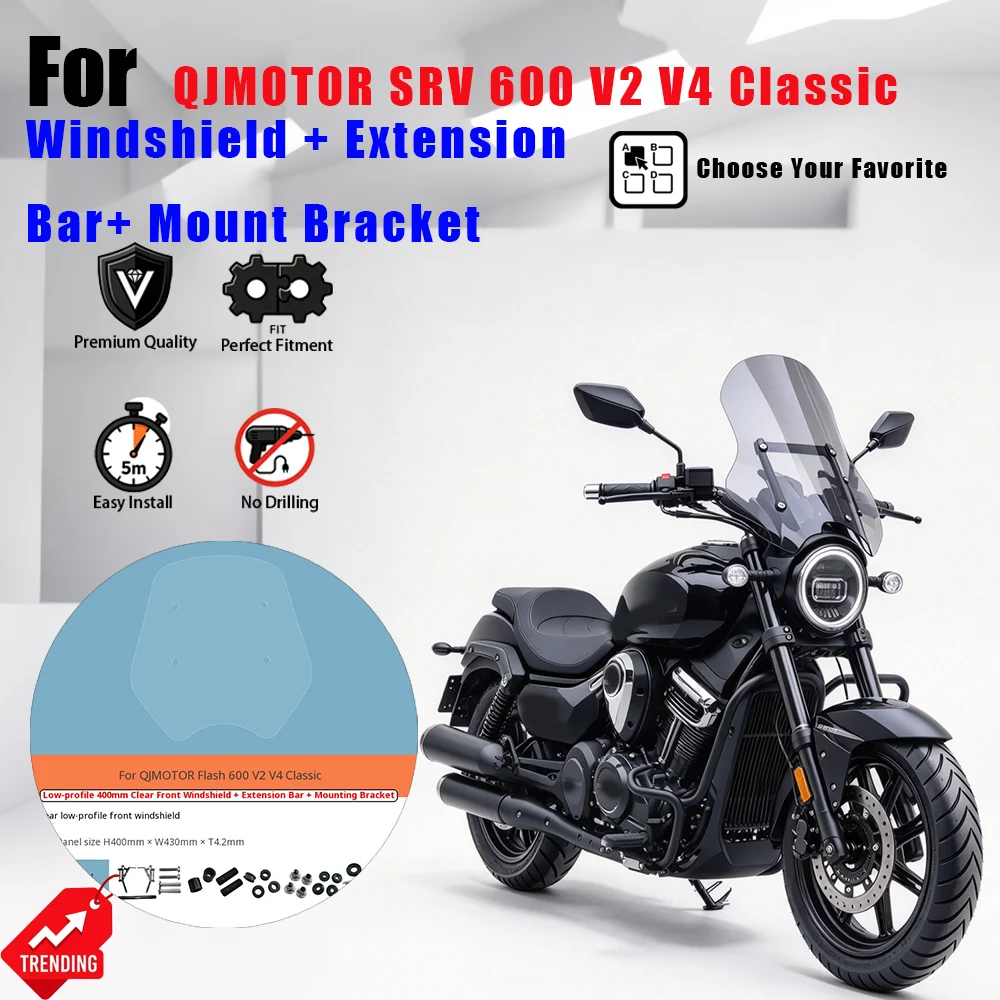 Front Windscreen Windshield With Mount Bracket & Phone GPS Navigation Extension Bar For QJMOTOR Flash 600 V2 V4 Classic Motorcyc