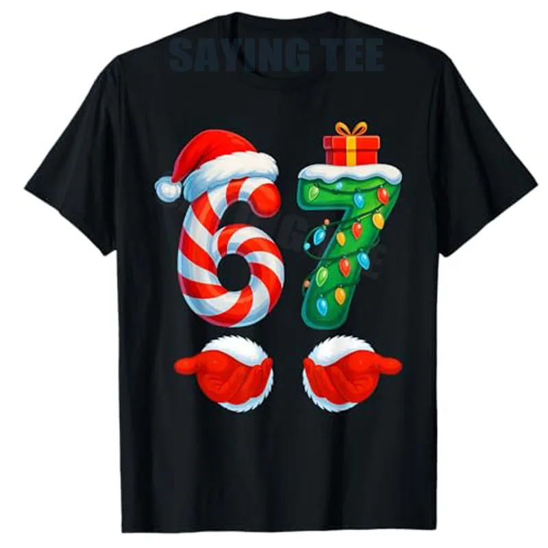 هالة الطاقة 67 مضحك تتجه ستة سبعة عيد الميلاد 67 سانتا تي شيرت Y2k لغة الفكاهة نكتة عيد الميلاد زي الأولاد موضة قائلا المحملة