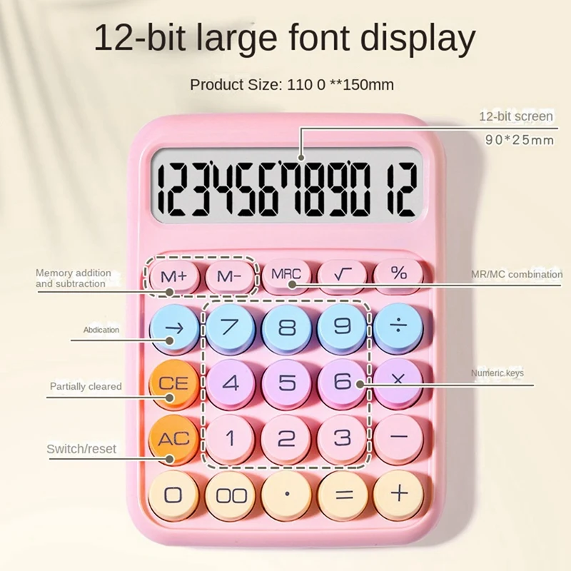 Calculatrice mécanique avec grand écran LCD, grand bouton rond, mignon, couleur bonbon, adapté au bureau et à l'école